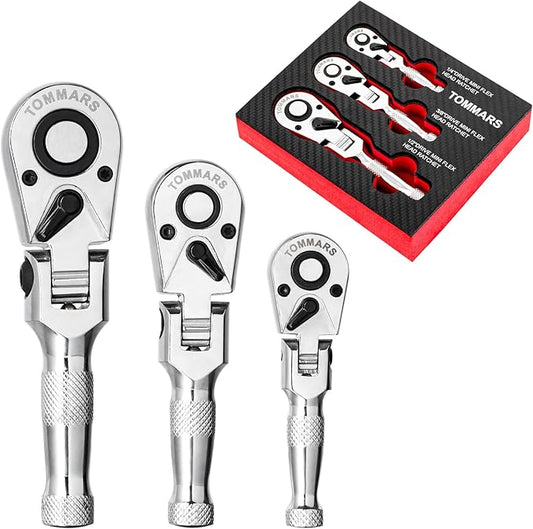 TOMMARS Flex-Head Stubby Ratchet Set, 1/4", 3/8", 1/2" Drive Flexible Mini Small Ratchet Handle Wrench 72-Tooth Quick-Release Reversible