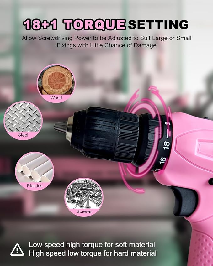 NEWBEAT Cordless Drill Set, 12V Power Drill Driver with 2 Battery and Charger, Pink Electric Drill Power Tool for Women