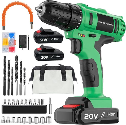 20V Cordless Drill Set, 3/8 Drills Handheld Drill Kit with 18+1 Torque Setting, LED Electric Power Drills Set with Battery and Charger, Electric Screwdriver Tools Kit, 2 Batteries