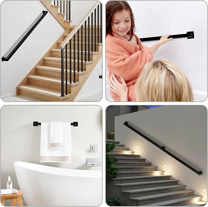 Stair Railing Indoor - Handrails for Stairs, 7ft Black Metal Staircase Hand Rails/Modern Wrought Iron Handrail, Industrial Wall Mounted Handrails Outdoor for Loft Porch Deck