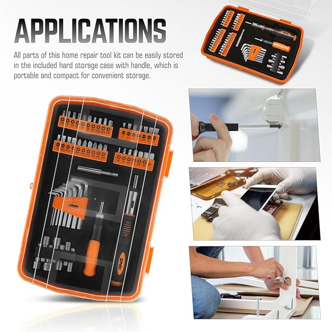 DNA Motoring TOOLS-00039 General Hand Tool Kit with Multi-Bit Screwdriver Hex Keys, Wrench - Orange/Black Flat Head Tool Set