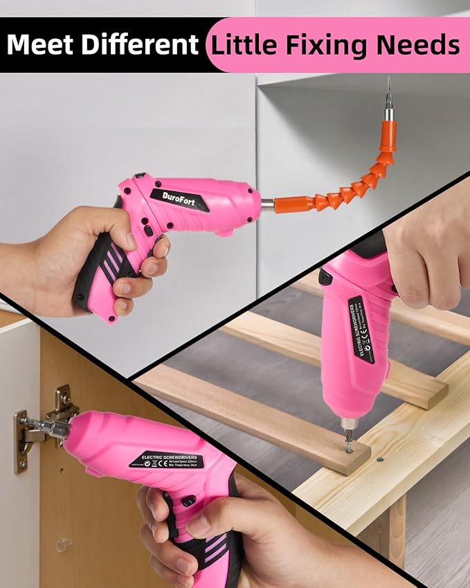 Pink Cordless Electric Screwdriver Set, 3.7V Rechargeable Small Electric Drill with 48pcs Driver Bit Set, Power 3Nm Screw Gun with 2 Position Handle, Flexible Shaft LED Light for Women