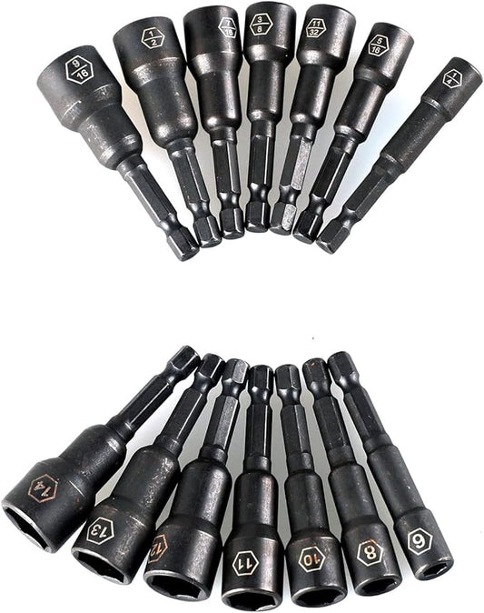 Magnetic Nut Driver Set,Impact Power Hex Nut Driver Drill Bit Master Kit, SAE & Metric, 1/4-Inch Quick-Change| Cr-V Steel (14PCS Magnetic Nut Driver Set)