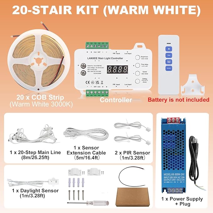 Smart Motion Sensor Stair Light for Indoor Use with Main Wire, No Wiring Required 40 inches Long COB LED Stair Lights Indoor with Remote Controller (Warm White 3000K, 20 Stairs)