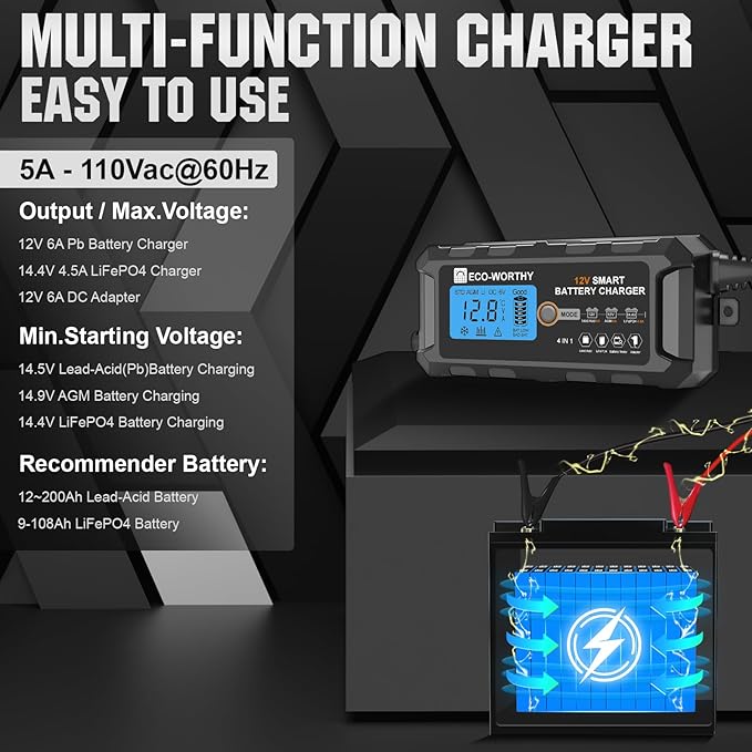 ECO-WORTHY 12V 5A Automatic Smart Battery Charger and Maintainer LCD Display for Lead Acid and Lithium (LiFePO4) Battery