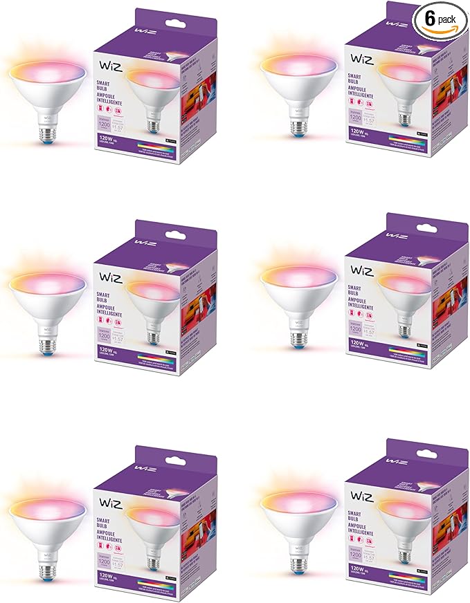 WiZ 120W PAR38 Color LED Smart Bulb - Pack of 6 - E26- Indoor/Outdoor - Connects to Your Existing Wi-Fi - Control with Voice or App - Works with Google Home- Alexa & Siri Shortcuts
