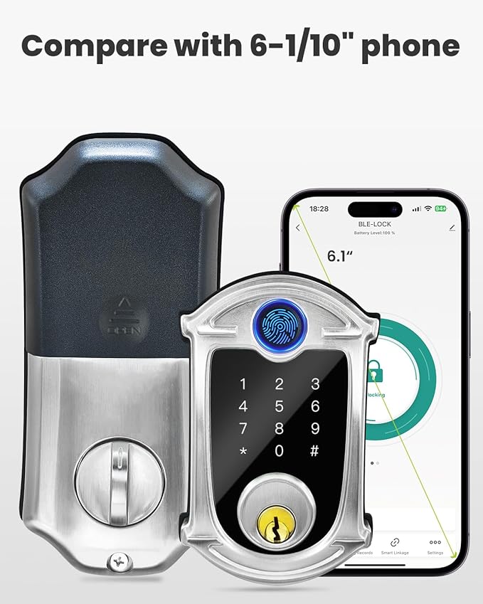 Keyless-Entry Deadbolt Smart Lock with Lever Handle Set: Digital Exterior Waterproof IP56 Locks for Front Door, Smartphone Control Fingerprint Door Lock with Keypad Key Fob(Satin Nickel)