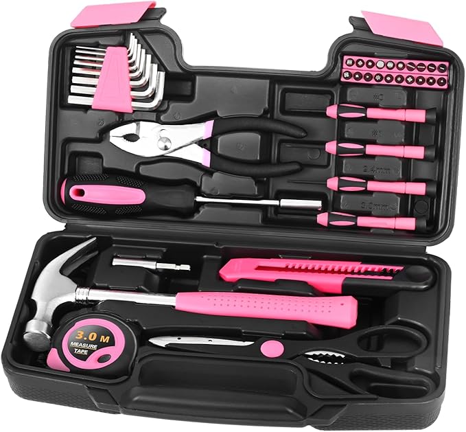 39 Piece All Purpose Basic Household Pink Tool Kit for Women - Small Tool Set with Toolbox Great for Home, Garage, Office and College Dormitory Use