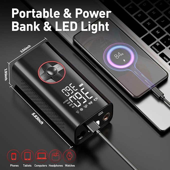 Tire Inflator Portable Air Compressor - Cordless Air Pump for Car Tires 150PSI&10000mAh, Portable Tire Inflator for Car with Pressure Gauge, Mini Tire Pump for Bike, Motorcycle, Ball, Auto Shut-off