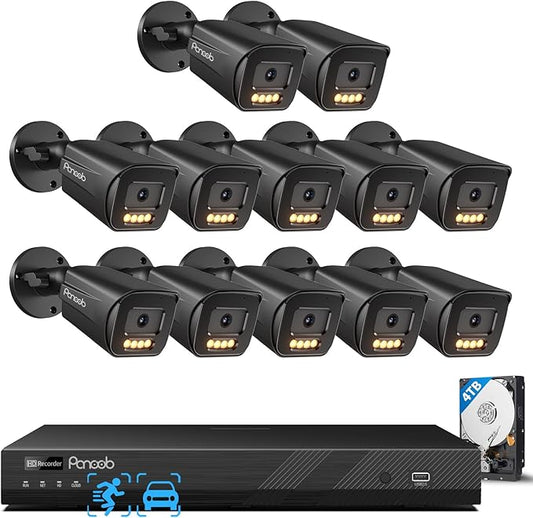 16 Channel Security Camera System, 16CH NVR with 4TB HDD, 12PCS 5MP PoE Commercial IP Camera, Smart Color Night Vision, 2 Way Audio, AI Human Vehicle Detection, Remote Access, PB65B1216-5MD