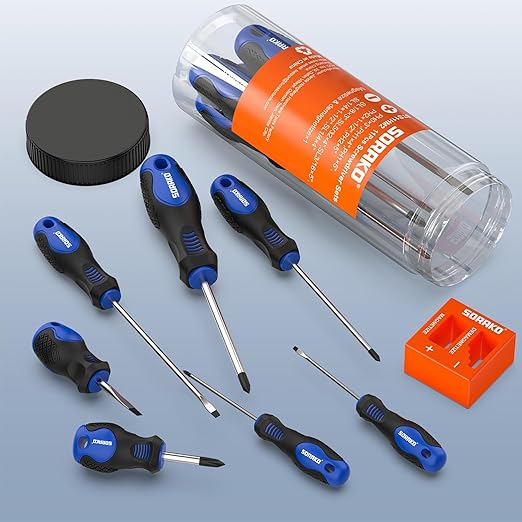 SORAKO 11-Piece Magnetic Screwdriver Set, 5 Phillips and 5 Slotted Tips, Include Magnetizer, Screwdriver with Professional Non-Slip Grip, for Home Repair and DIY Projects,With Case
