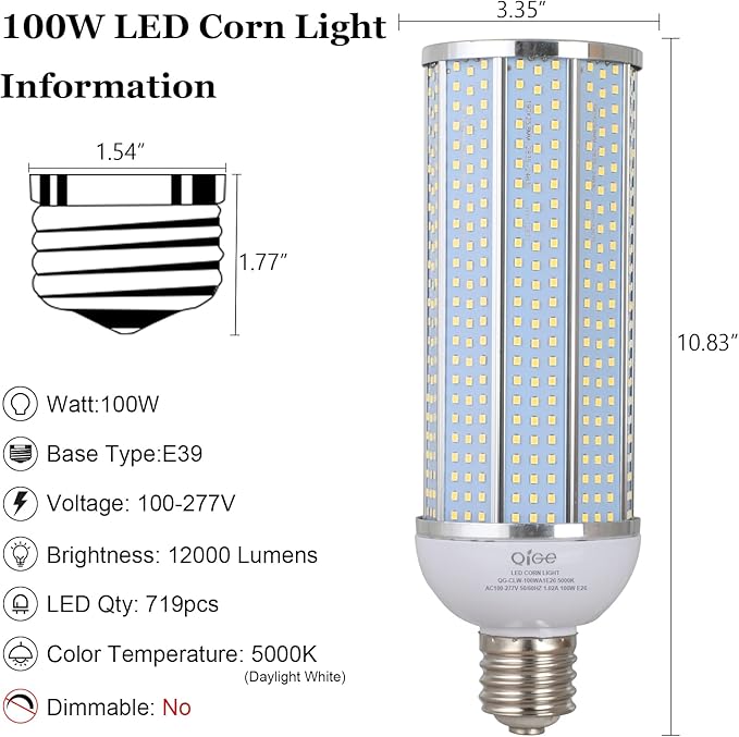 100W LED Corn Bulbs,5000K,AC110-277V,12000lm,E39 Mogul Base,LED Corn Light Bulb Replacement Metal Halide HID CFL for Commercial Industrial Lighting Warehouse High Bay Light Fixture Garage Workshop