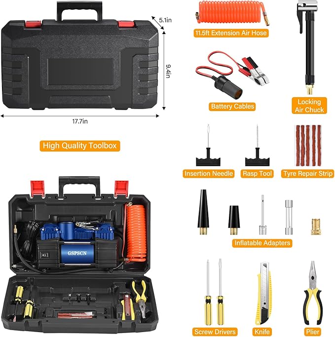 GSPSCN Portable Air Compressor Pump Tire Inflator with Digital Gauge, Heavy Duty Double Cylinder 12V Tire Pump 150 PSI with Tire Repair Kit and Toolbox for Auto,SUV,Off-Road,Truck,Bike (Blue)