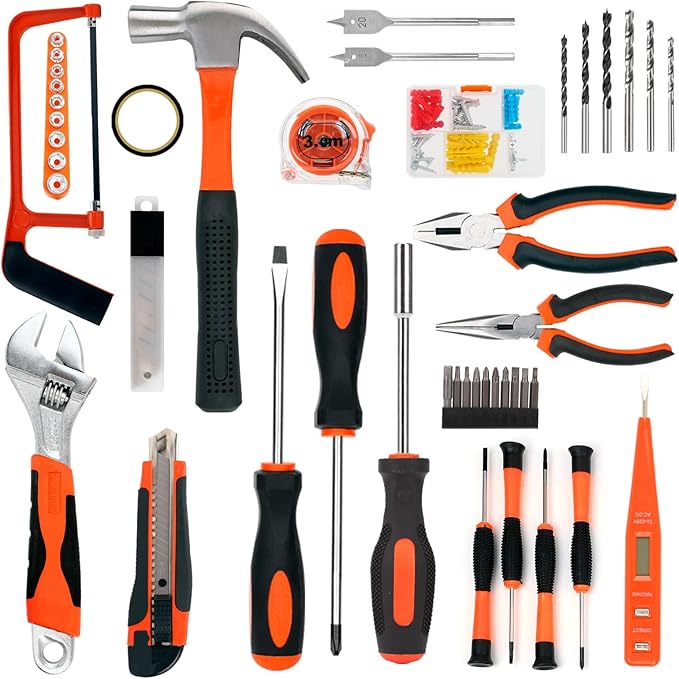 Tool Kit with Drill, Yougfin 20V Cordless Power Drill with 2 Batteries & Charger Drill Sets Combo Kit for Men 114 pcs Household Hand Tools for Home Apartment Dorm Repair