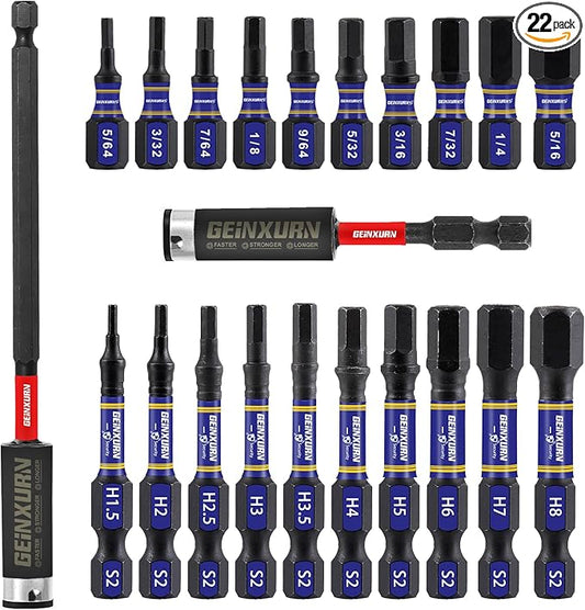 22 Pieces Multi Hex Head Impact Tough Magnetic Allen Wrench Drill Bits Set, (Metric&SAE)1 In./2 In. Mixed Hex Head S2 Steel Power Bits Set with Bit Extension Holder