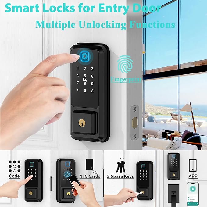 WiFi Front Door Lock with Handle Set, App Control, Smart Locks for Front Door Touchscreen keypad, Keyless Entry Door Lock Fingerprint Deadbolt, Auto Lock (Black)