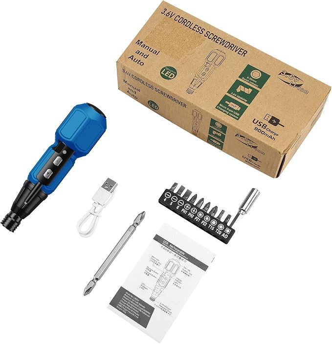 AMIR Power Screwdriver Cordless Rechargeable, Electric Screwdriver Sets, Portable Automatic Home Repair Tool Kit, Motorized Screwdriver with LED Lights and USB Cable, Blue