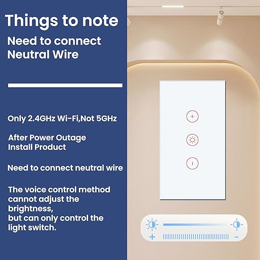 Smart Dimmer Switch Need Neutral Wire No Hub Required,2.4GHz Wi-Fi Light Switch APP Control Work with Tuya and Smart Life,FCC Certified,Smart Home 110/220VAC,White Dimmer