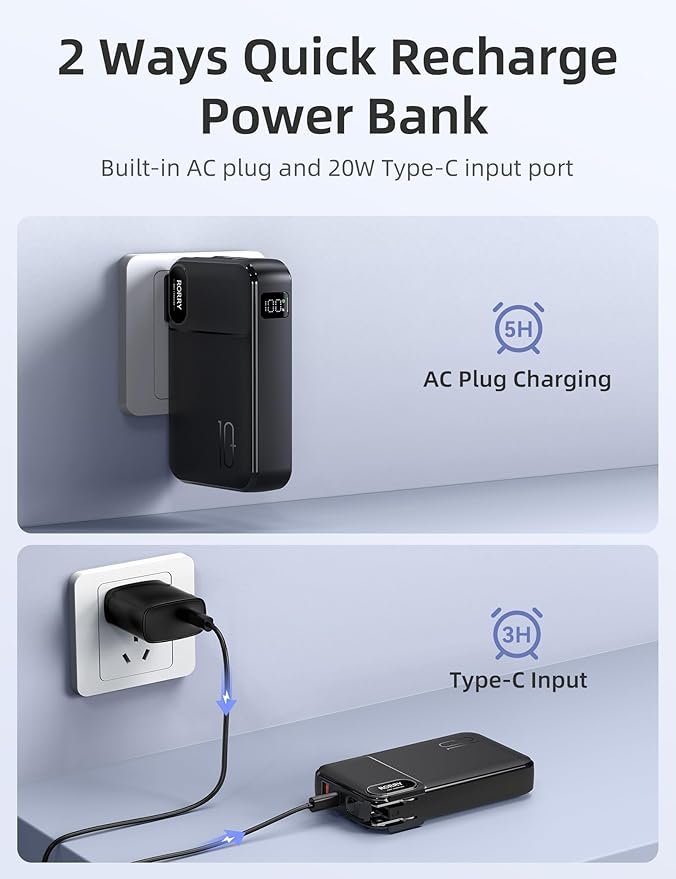 RORRY Portable Charger Built in Cables, AC Wall Plug In Portable Charger Power Bank 10000mAh Travel Battery Pack 22.5W Fast Charging for iPhone 16/15/14 Samsung Galaxy S24/S23/S22 Pixel LG iPad, Black