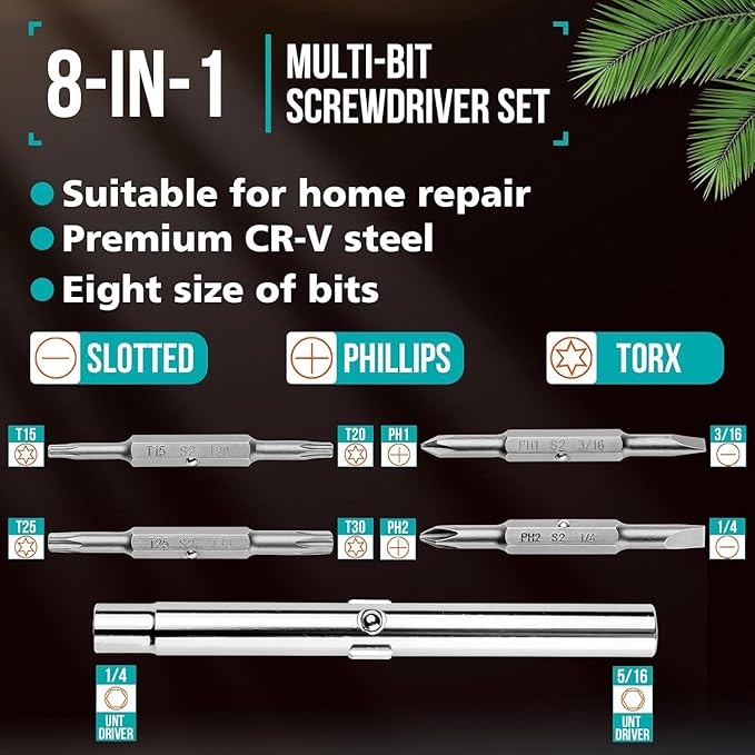 8-in-1 Multi-bit Screwdriver Set Tool All in One, Portable Multi-Purpose Screwdriver, Slotted/Philips/Pozi/Torx/Square,Nut Driver