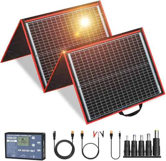 DOKIO 150W Portable Foldable Solar Panel Kit, Compact 21x20in Design 7.3lb with Standalone Controller and USB, Monocrystalline Charger for 12V Batteries, Power Stations, RV Camping Emergency Use