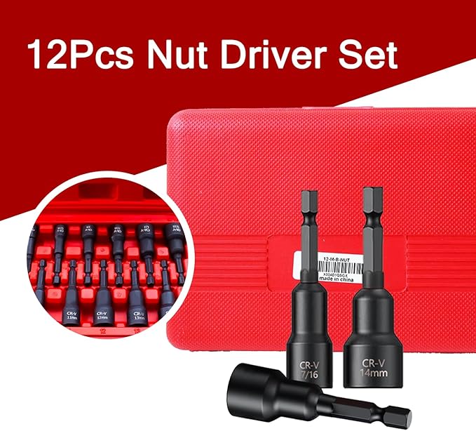 12Pcs Magnetic Nut Driver Set,Impact Power Hex Nut Driver Drill Bit Master Kit, SAE & Metric, 1/4-Inch Quick-Change| Cr-V Steel