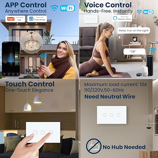 Smart Light Switch 3 Way Need Neutral Wire,FCC Certified,2.4GHz WiFi Switch Glass Panel APP Control Timer Work with Tuya/Smart Life,Alexa and Google Home,White 3 Gang