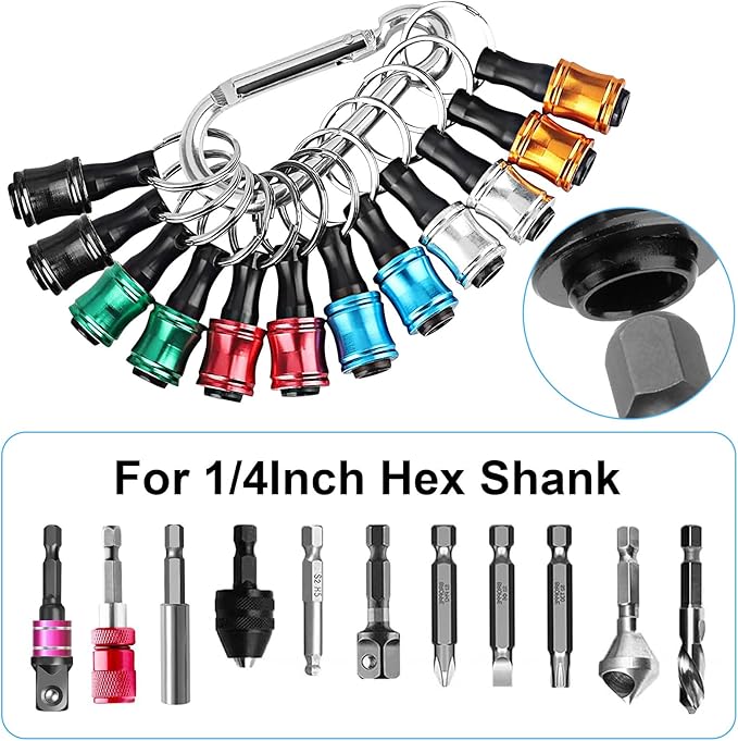 Linkstyle 12PCS 1/4 Inch Hex Shank Screwdriver Bits Holder Extension Bar Keychain Screw Adapter Drill Fast Change Portable Hand-held Bit Holder for Electric Screwdrivers and Drill Bit (6 Colors)