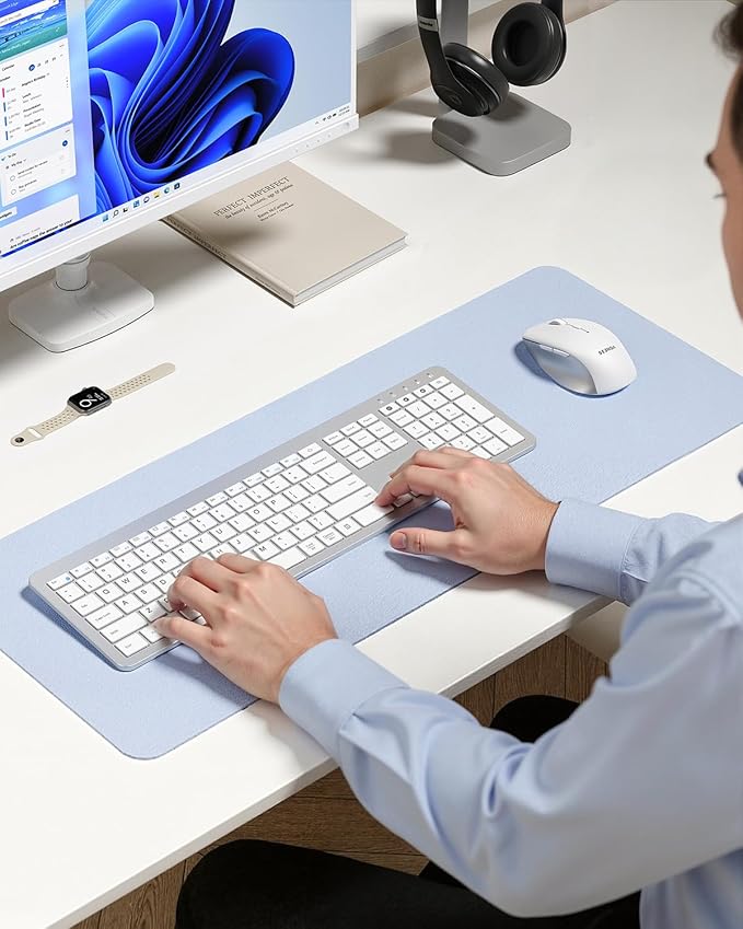 seenda Bluetooth Keyboard and Mouse, Wireless Keyboard Mouse Combo 2.4G+Dual Bluetooth Multi-Device Connection Full Size Ultra-Slim Keyboard with Number Pad for Windows/Mac,White & Silver