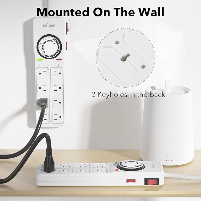 BN-LINK 8 Outlet Surge Protector with Mechanical Timer (4 Outlets Timed, 4 Outlets Always On) - White