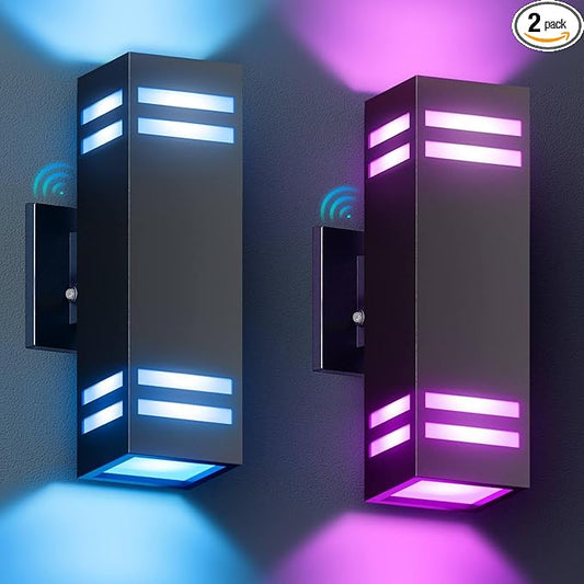 KIZON Smart Outdoor Wall Lights Dusk to Dawn Outdoor Lighting RGB Color Changing 2 Pack, Modern Exterior Lighting Fixtures with Remote Control, Waterproof Ambiance Up and Down Lights
