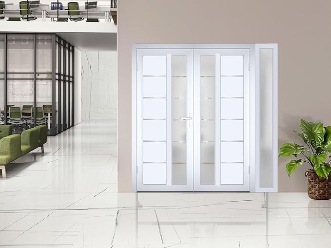 VDOMDOORS Front Exterior Prehung Metal-Plastic Double Doors/MANUX 8088 White Silk/Sidelite Exterior Window/Residential Doors Entrance Patio Garage 88 x 80