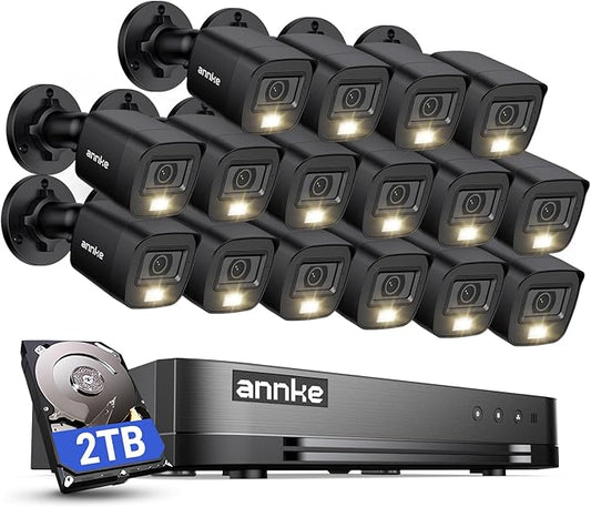 ANNKE 1080P Lite H.265+ 16CH Security Camera System, 5 in 1 Surveillance DVR and 16Pcs 1080 Outdoor Cameras, IP67 Waterproof, 2TB HDD, Smart Dual Light, View Remotely, Motion Detection