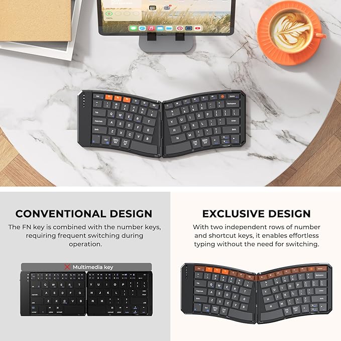 MEETION Ergonomic Foldable Bluetooth Keyboard, Split Compact Portable Keyboard for Business Travel, Ultra-Thin Folding Rechargeable Wireless Keyboards for iOS Android Windows Mac Tablet PC Smartphone