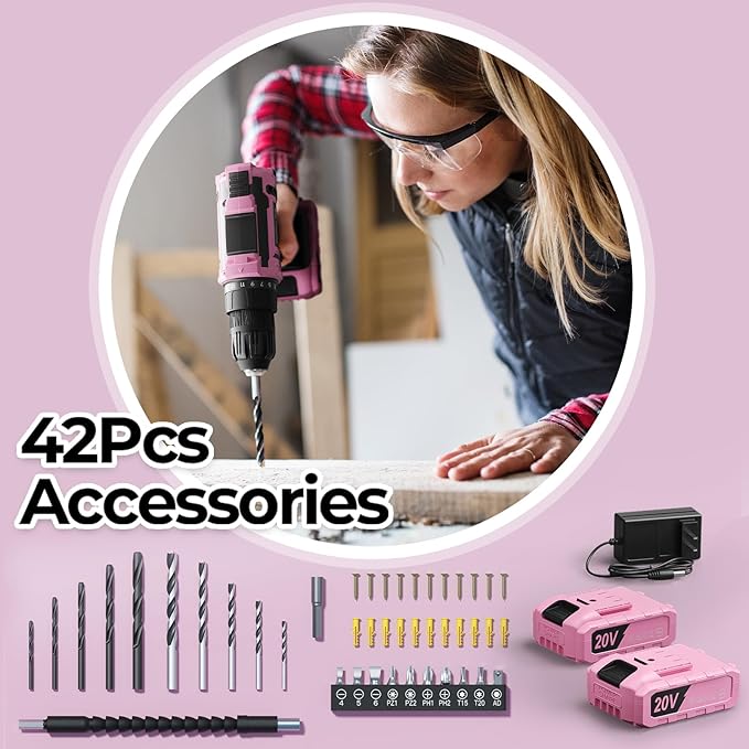 Pink Cordless Drill Set, Double 2000mAh Power Pack Electric Power Drill for Women, 20V Lightweight Electric Screwdriver Driver with Power Pack & Charger, 3/8" Keyless Chuck, Womens Tool Kit for House