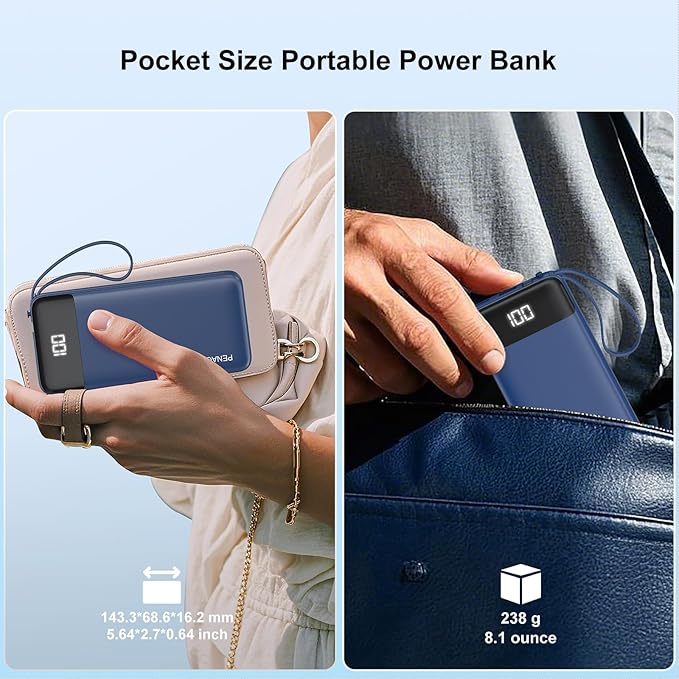 Portable Charger 10000mAh Power Bank with Built-in Cable, 5 Output 2 Input Travel Essential External Battery Pack with LED Display Compatible with iPhone 16/15 Samsung S22 Android,etc(2 Pack)