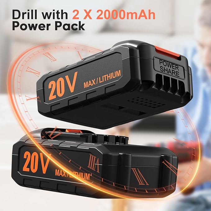 Cordless Drill, 20V Power Drill, Double 2000mAh Power Pack Electric Drills, Cordless Drills with Power Pack and Charger, 3/8" Keyless Chuck Screwdriver with 25+1 Max 370 In-lb Torque, 42Pcs Bits