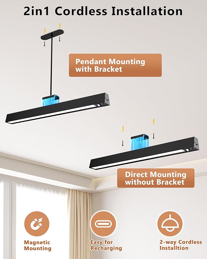 Rechargeable Motion Sensor Ceiling Light, Full Metal Pendant Lights, Battery Operated LED Closet Lights with Remote, Timer - 3 Color 500LM Dimmable, Cordless Magnetic Mount for Garage Kitchen,Black