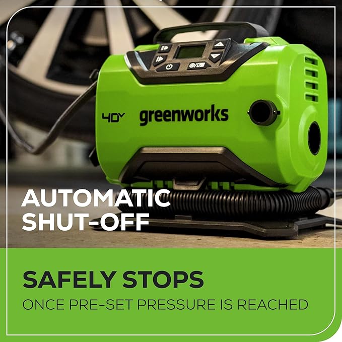 Greenworks 40V Cordless Tire Inflator, 160 PSI Portable Air Compressor, 2 Power Sources, Auto Shut Off, for Car, Bicycle, Motorcycle, Air Boat, Inflatables, Tool Only