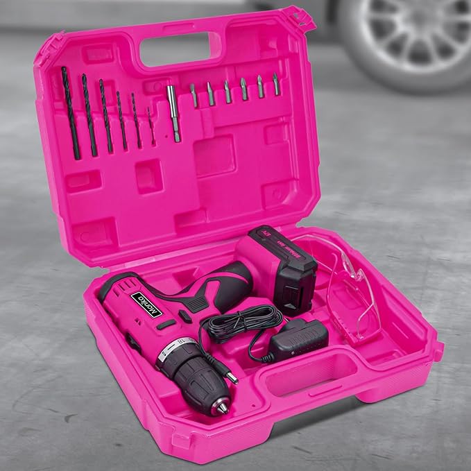 Monika 12V Pink Lithium Cordless Drill Bit Set Kits Screw Bits Sockets 18+1 Torque Setting, LED Light, Electric Power Drill Driver for Home, Office DIY and Wall Drilling, Wood, Metal W/Battery