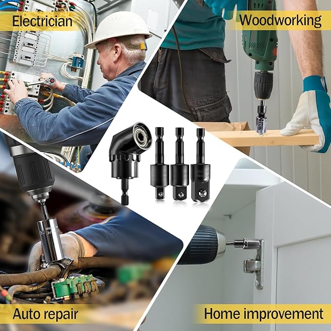 Impact Grade Driver Sockets Adapter Extension Set Drill Bit 3Pcs 1/4 3/8 1/2" 360°Rotatable Universal Socket Adapter Set+Right Angle Drill 105°Right Angle Screwdriver set Drill Hex Bit Socket Adapte
