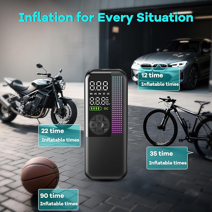 Tire Inflator Portable Air Compressor, 150 PSI Cordless Air Pump, Dual Power 6000mAh, 12V DC Car Plug, Fast Inflation 24L/Min, Auto Shut-Off, LED Light, 4 Preset Modes for Car, Bike, Motorcycle, Balls