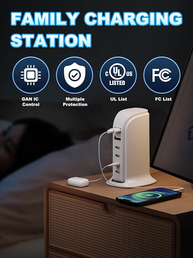USB Charger, Charging Station for Multiple Devices 65W, Fast Charging Blocks with 4Type C Ports, Dual USB Charging Hub Organizer Multiport for iPhone, Ipad, Smartphones, Travel Accessories