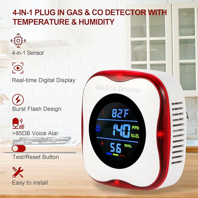 2 Packs Plug in Gas & Carbon Monoxide Detectors, 4-in-1 Natural Gas Leak Detector,Carbon Monoxide Alarm,4 Sensor °F&Humidity,CO & Propane Detector for Home,RV