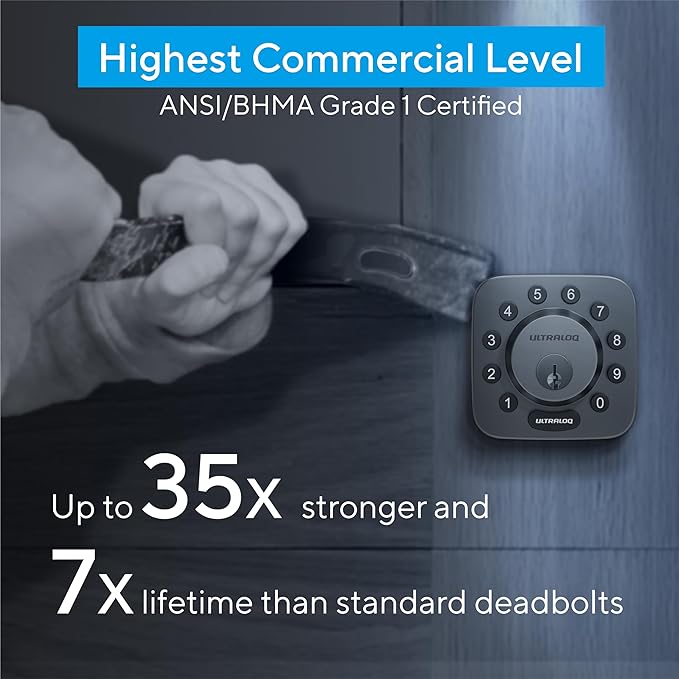 Smart Lock, ULTRALOQ U-Bolt + Bridge WiFi Adaptor, 5-in-1 Keyless Entry Door Lock with WiFi, App, Bluetooth and Keypad, Locks for Front Door, Deadbolt, ANSI Grade 1 Certified - Black