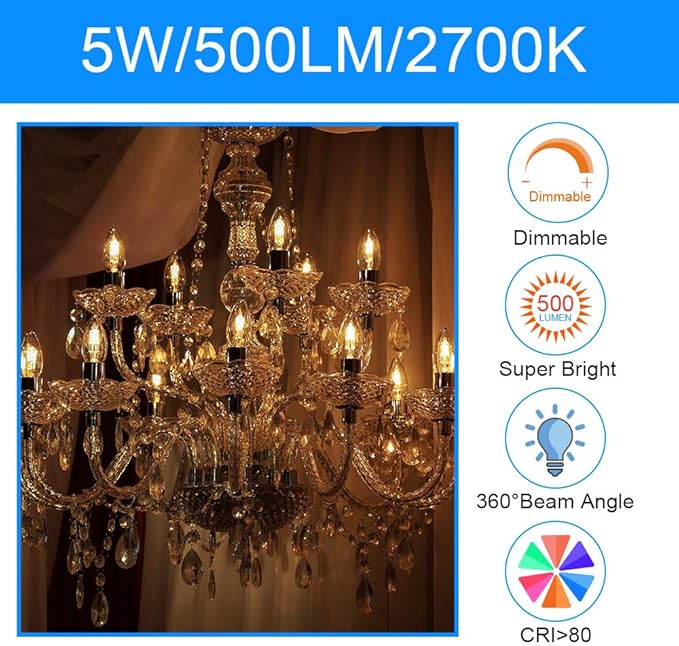 ENERGETIC SMARTER LIGHTING LED B10 Candelabra Light Bulbs 60W Equivalent, Soft White 2700K, 500 Lumen, E12 Base, Chandelier LED Edison Bulbs, Dimmable, 8 Pack