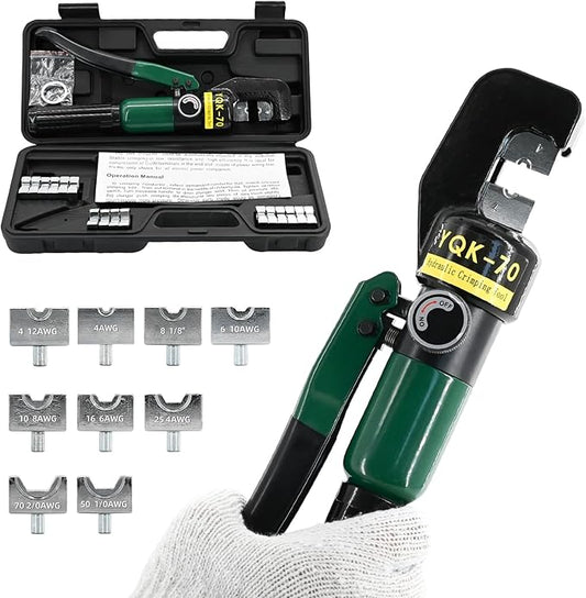 10T Hydraulic Crimping Tool 12 AWG to 2/0 AWG Battery Cable Crimper Tool Hydraulic Lug Crimper Electrical Terminal Wire Crimper with 9 Pairs of Dies Kit, Green