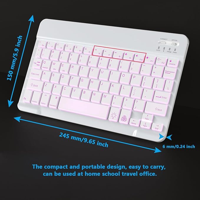 Backlit Bluetooth Keyboard Small Portable Wireless Keyboard Rechargeable Illuminated for Android Samsung Tablet Cell Phone Smartphone iPad A16 11th 10th Generation iPad Pro Air Mini iPhone (White)