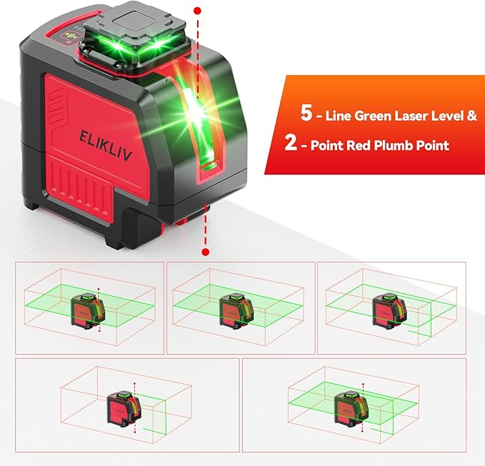 Elikliv 2 Plumb Dots 5 Lines Laser Level - 200Ft Green Laser Level Lines Tool, 360° Horizontal Green Line & 120° Vertical Laser Line, Laser Level 360 Self Leveling for DIY (Red)