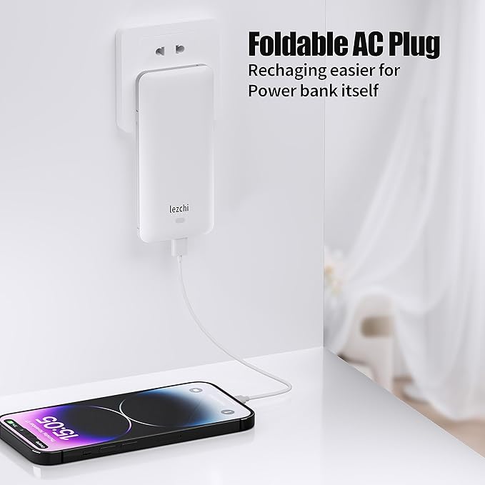 Portable Power Bank, Ultra Slim 10000mAh Portable Charger, USB C External Battery Pack with Built-in AC Plug, Charging Cable, Output Port, Compatible with All Kinds of Cellphones …